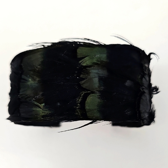 Unique Peacock Feather Cuff Bracelet Black w Green Highlight Feathers Goth Dark - Picture 1 of 6